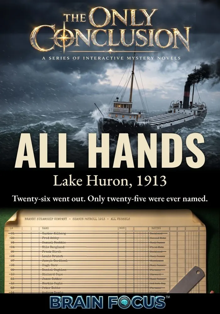 ALL HANDS cover: a freighter in a storm on Lake Huron