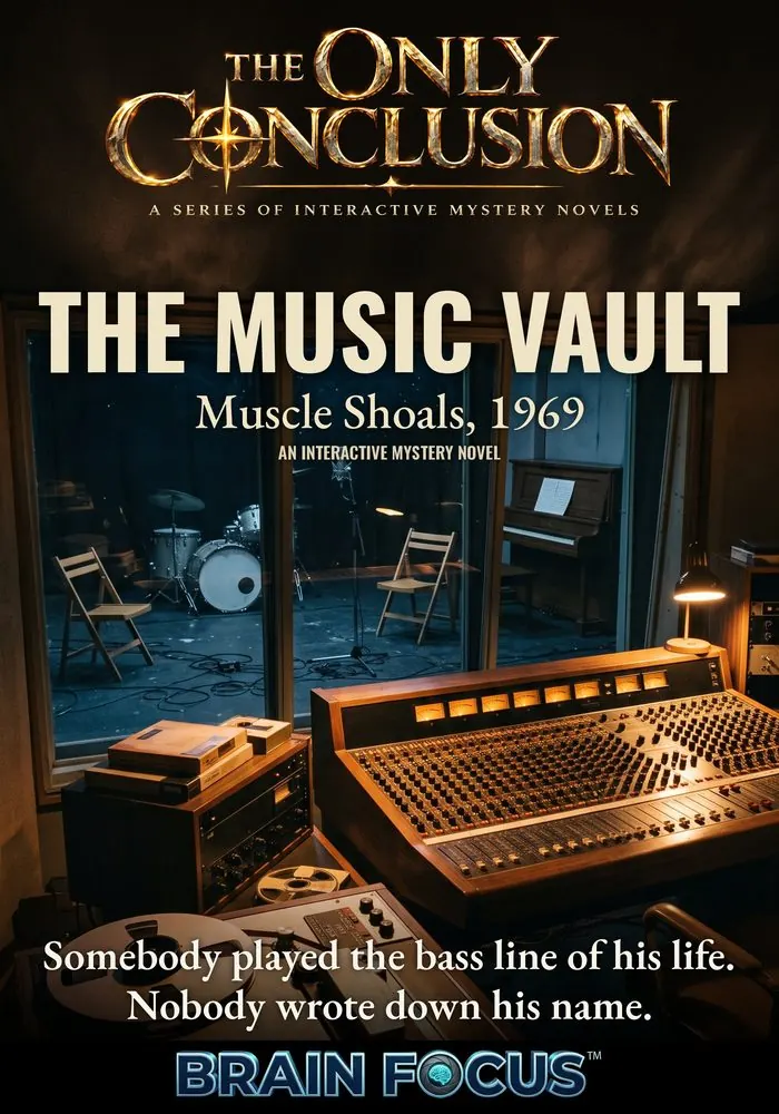 THE MUSIC VAULT cover: a recording studio control room at night